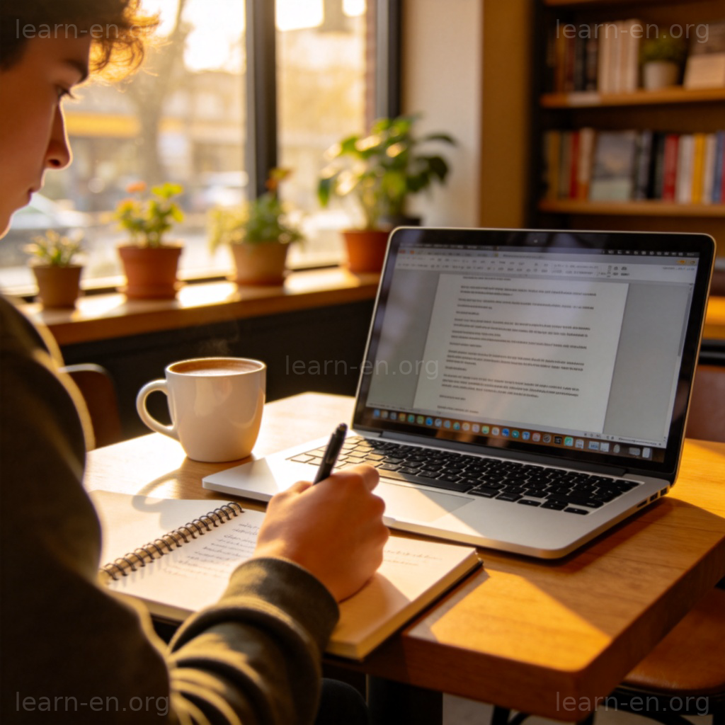Laptop 图解：学生在咖啡馆使用银色笔记本电脑记笔记的场景