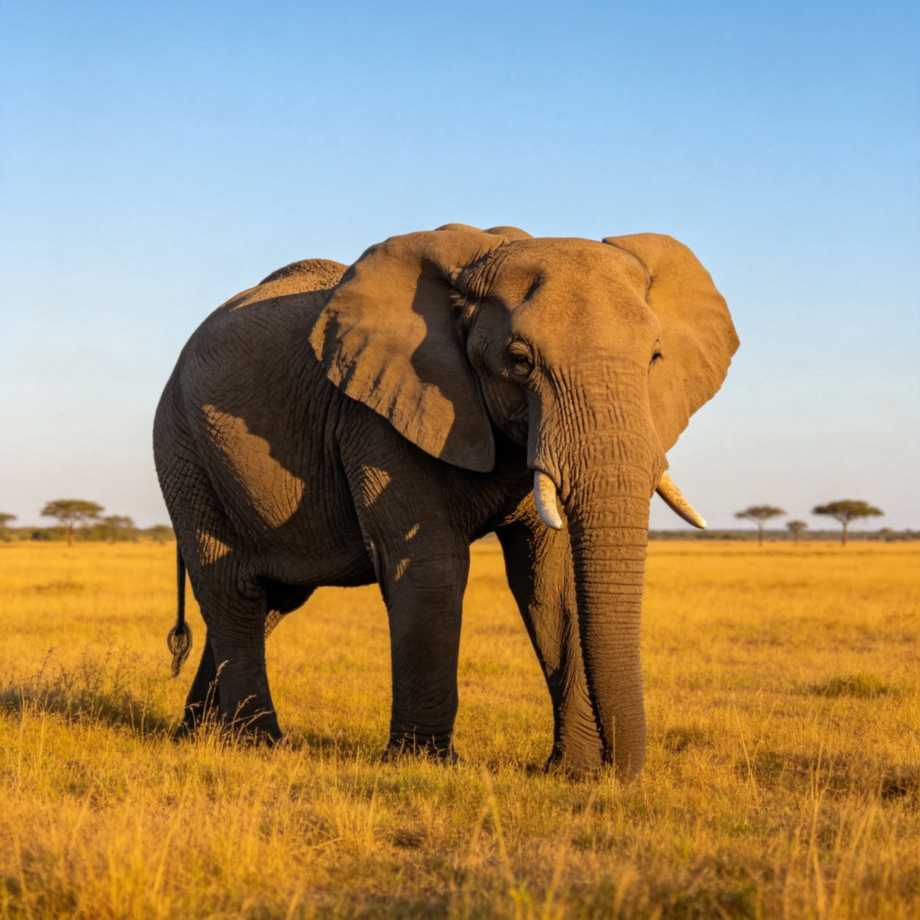 A single adult elephant standing majestically on a grassy plain, under a clear blue sky. The elephant's body occupies most of the frame, clearly showing its enormous size compared to the distant trees. Photorealistic style, bright natural daylight.