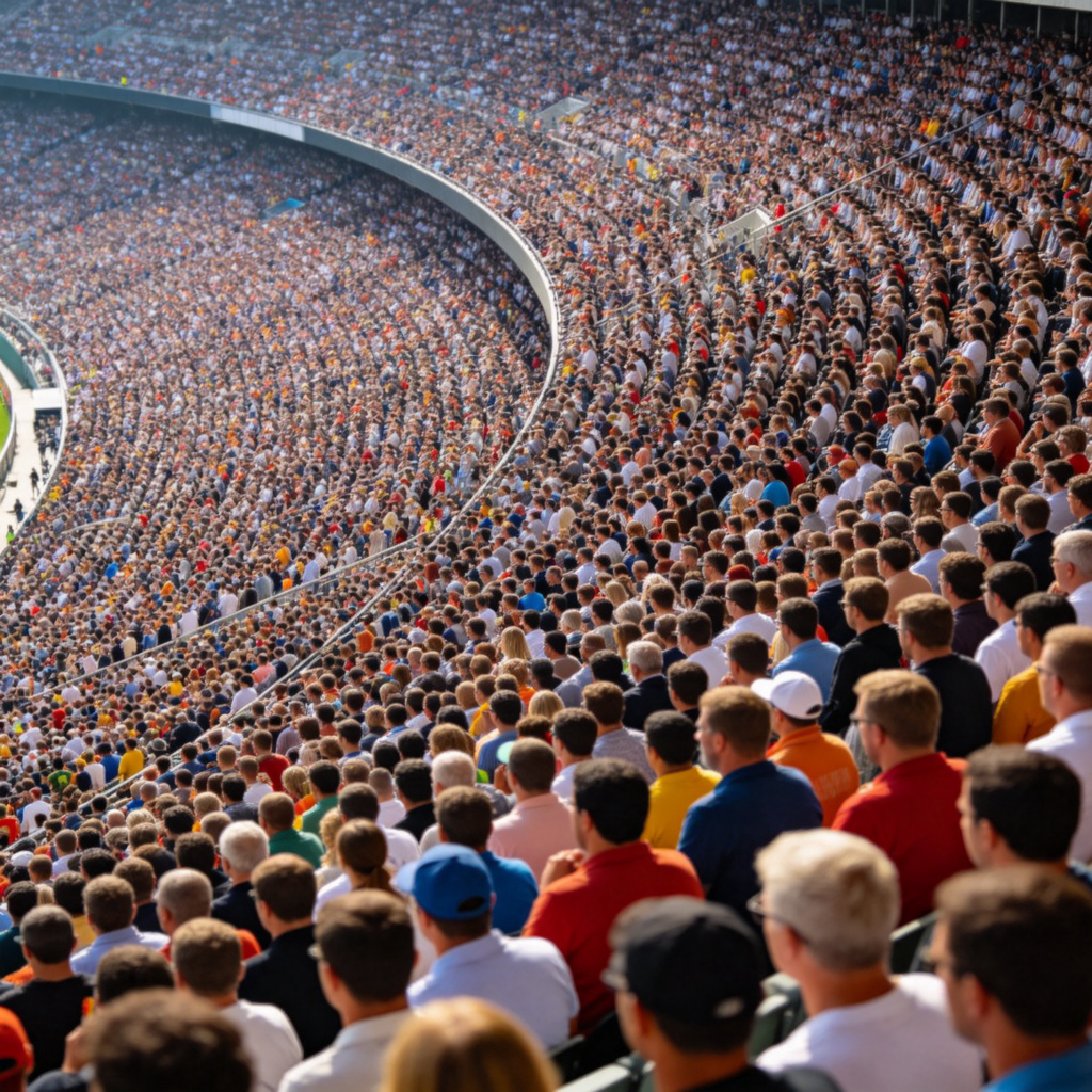 An aerial view from directly above, looking down on a densely packed crowd of diverse people in a sports stadium during daylight. The shot shows the sheer scale and number of people, not focusing on any individual. Photorealistic style, clear visibility of the crowd pattern.