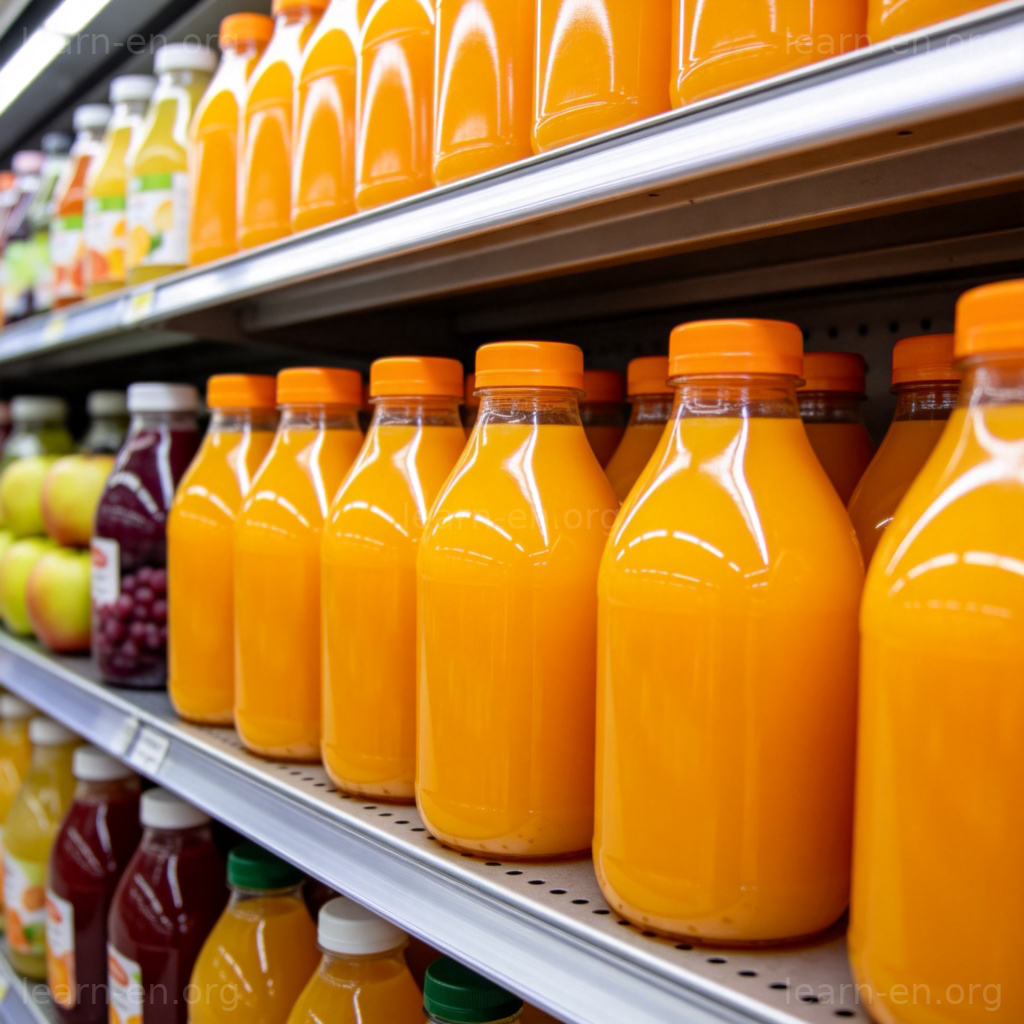 A supermarket shelf full of different juice bottles. Over 80% of the bottles are orange juice, with only a few bottles of apple and grape juice visible on the side. The orange juice bottles are in the center and foreground, clearly dominant. Bright, clear supermarket lighting, photo-realistic style. No text or logos.