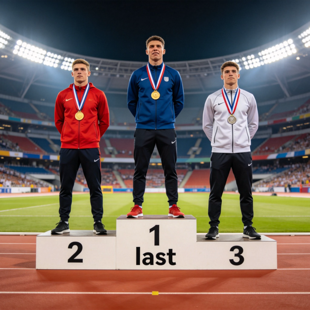 A photo of three winners on a sports podium. The person standing on the third-place podium, which is the lowest and at the front, is clearly marked as ‘last’. The gold and silver medalists are on higher podiums behind them. Bright stadium lighting, focus on the expression of the ‘last’ place winner. No text or numbers on the image.