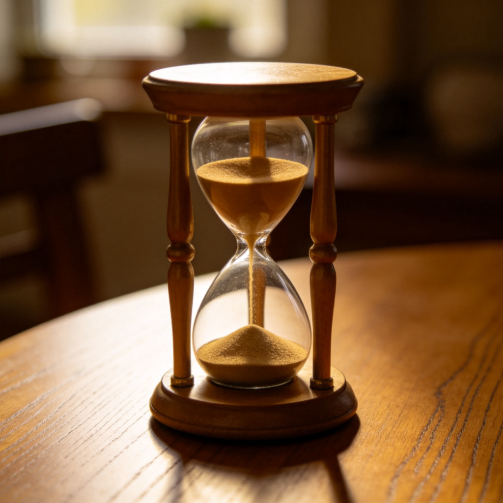A close-up of a classic hourglass on a wooden table, with fine sand steadily flowing from the top bulb to the bottom. The scene is calm, with soft natural light, symbolizing the passage and duration of time. No other objects or text in the frame.