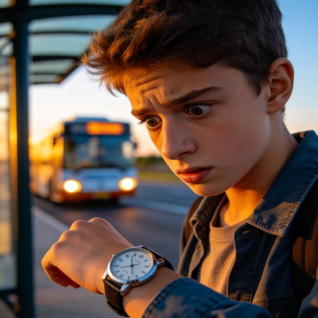 A young person looking stressed, glancing anxiously at their wristwatch while standing at a bus stop in the late afternoon. A bus is approaching in the background. Focus on the person's worried expression and the watch. Clear, realistic style. No text.
