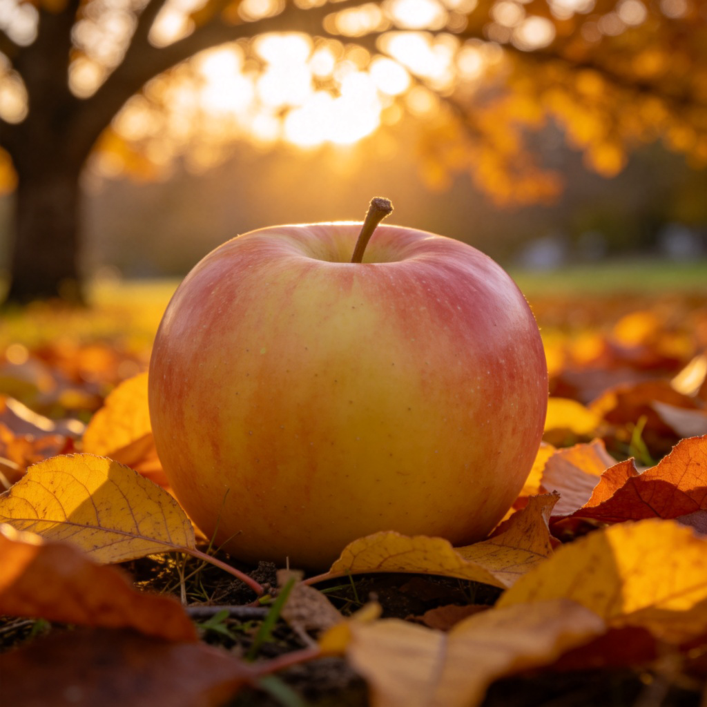 A close-up of a large, ripe apple with a slight blush, resting among fallen yellow and orange leaves on the ground. Soft, warm evening sunlight filters through tree branches above. The scene clearly suggests the end of a season. Photorealistic, no text.