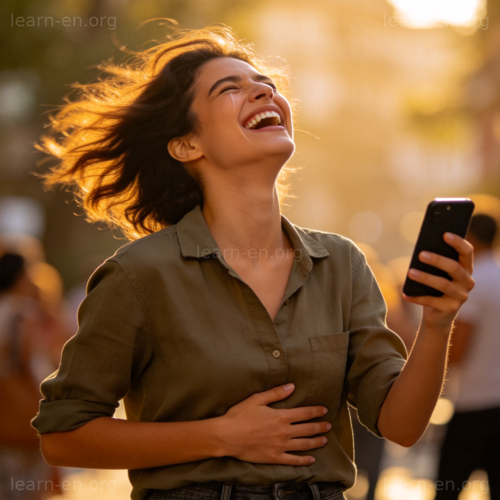 Laugh Out Loud 图解：一个人看着手机屏幕捧腹大笑的场景