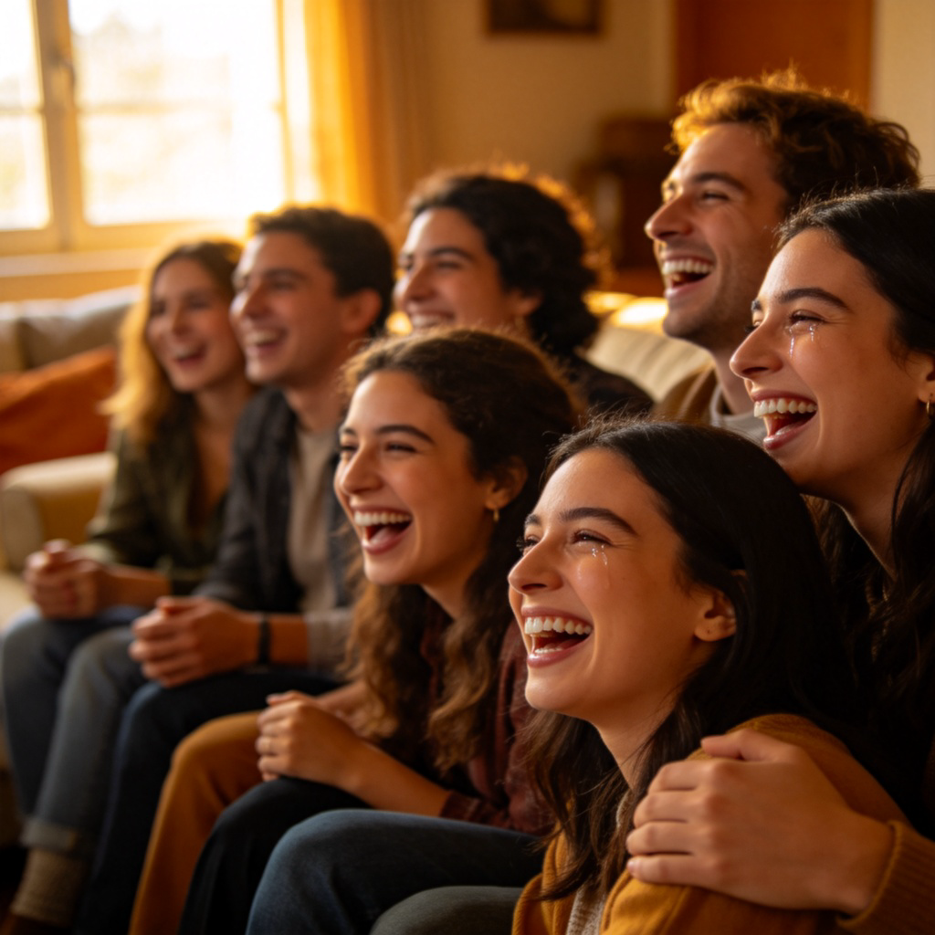 A diverse group of people sitting in a cozy living room, laughing together while sharing stories. Close-up on their joyful faces, some with wide smiles and teary eyes from happiness. Soft natural light from a window, focus on expressions and gestures, no text or logos. The scene shows genuine amusement and social bonding.