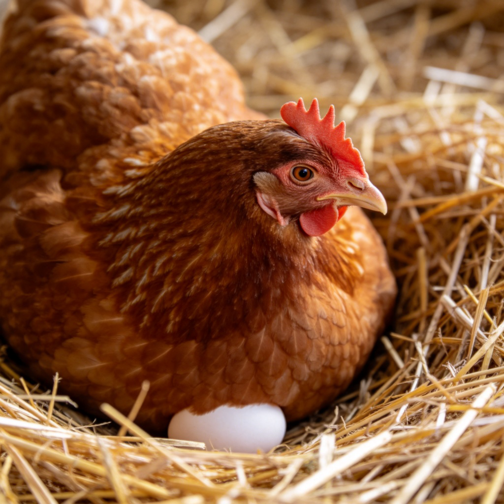 A close-up side view of a brown hen sitting in a nest of straw, with a single white, warm egg visible just beneath her. Natural daylight, soft focus on the egg, peaceful farm setting. No text or people in the frame.