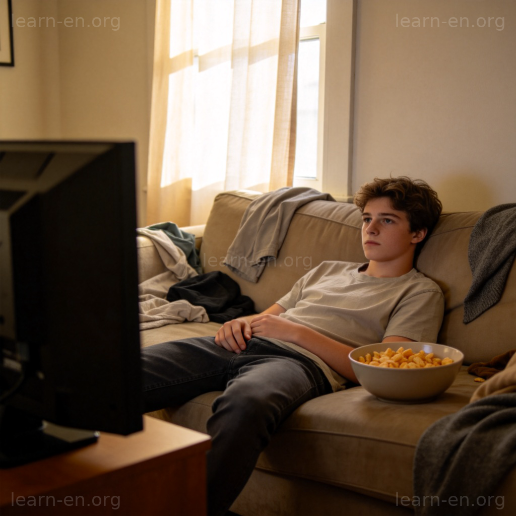 lazy 含义图解：年轻人慵懒地躺在沙发上，无所事事