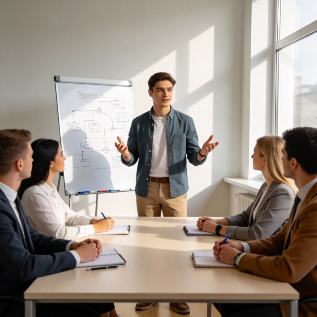 A confident person in a modern office, standing in front of a whiteboard explaining a plan. A small group of colleagues are sitting around a table, looking attentively at the speaker. Daylight from a window, professional and collaborative atmosphere. Focus on the speaker as the central figure.
