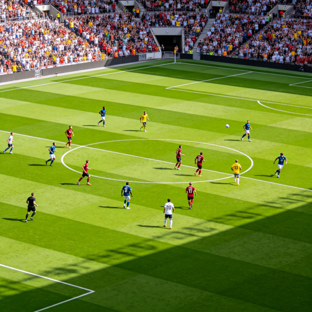 league 含义图解：两支球队在绿茵场上激烈对抗的体育联赛场景