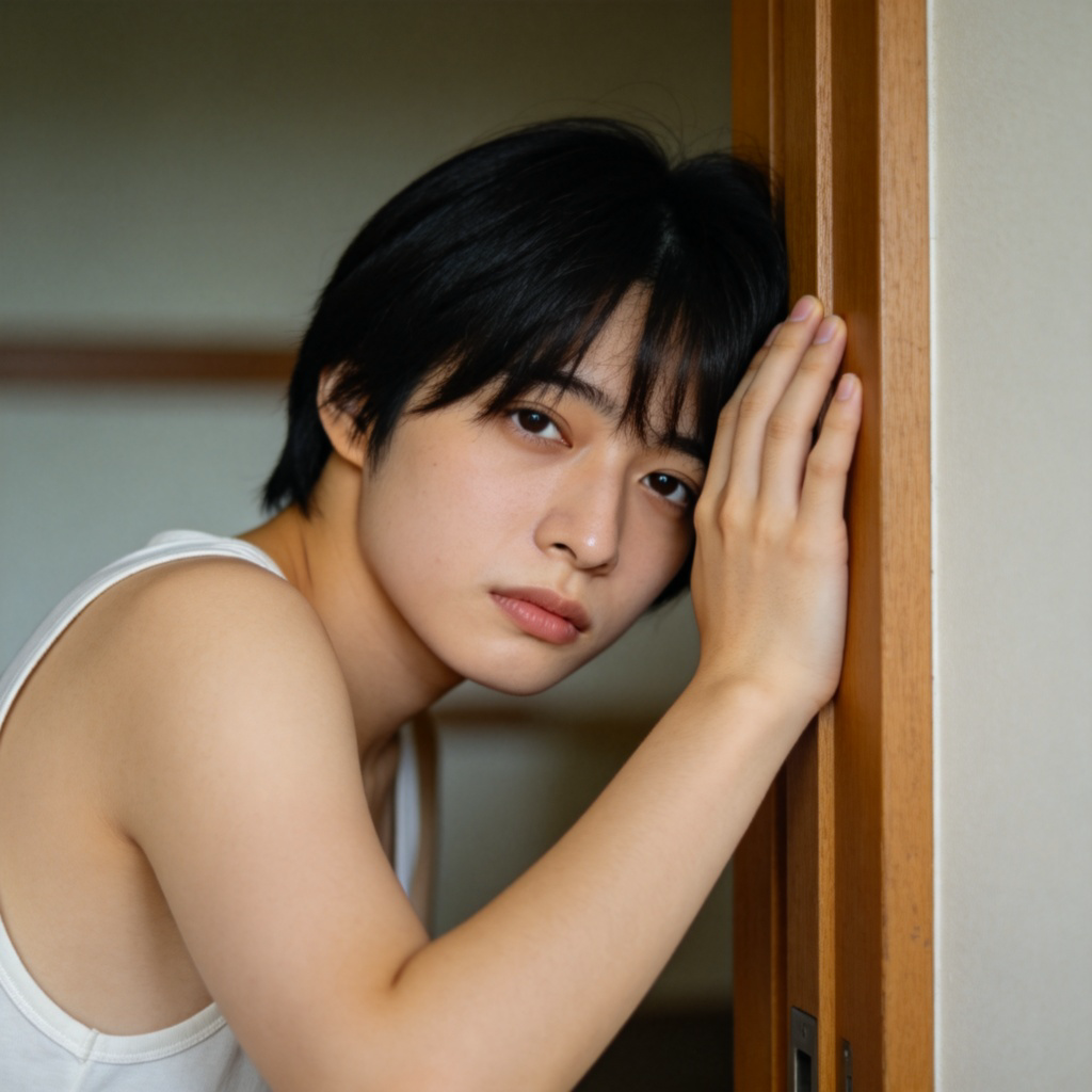 A person, slightly tired, leans their body sideways against a wooden door frame. Their shoulder and arm are in full contact with the frame, showing a clear diagonal line from their feet to their head. The background is a simple, out-of-focus wall. Natural indoor lighting, realistic style, focusing on the posture of leaning.