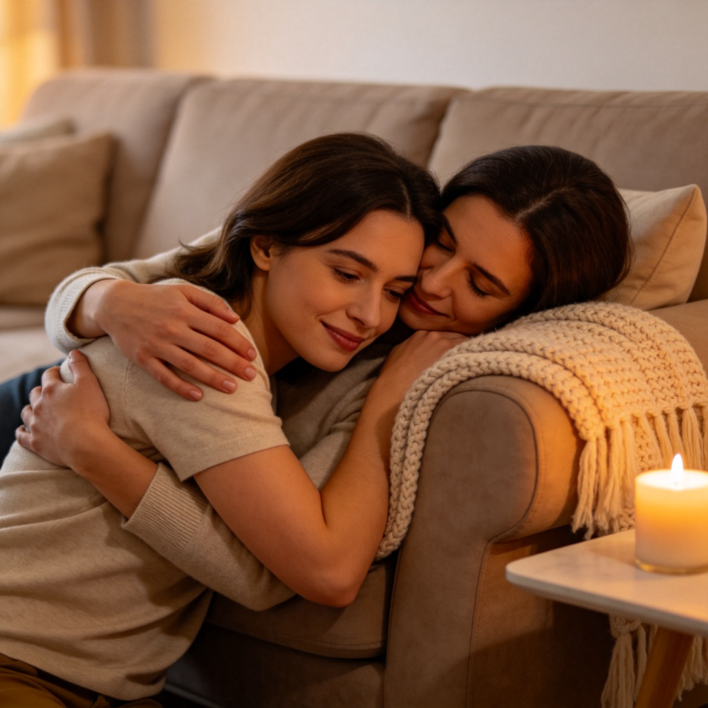 A person hugs a close friend in a comforting manner, resting their head gently on the friend's shoulder. The friend has a supportive and warm expression. The scene is in a cozy living room with soft light, emphasizing emotional support and trust. Realistic style, focus on the act of leaning for comfort.