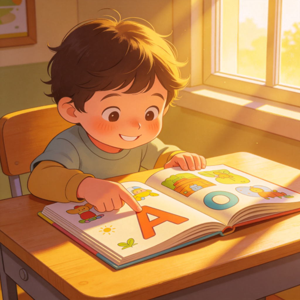 A young child sitting at a wooden desk, smiling and looking at an open picture book with large, colorful letters. The child's finger is pointing to the letter 'A'. Sunlight streams through a nearby window. The scene is cozy and focused on learning. No text or logos.