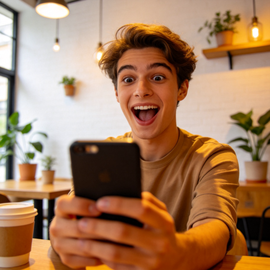 A young adult looking at their smartphone screen with a surprised and happy expression. On the screen, a news notification reads 'CONCERT ANNOUNCED' (imaginary text, described but not actually shown). They are sitting in a modern cafe. The focus is on their reaction to receiving news. No real text or logos in the image.