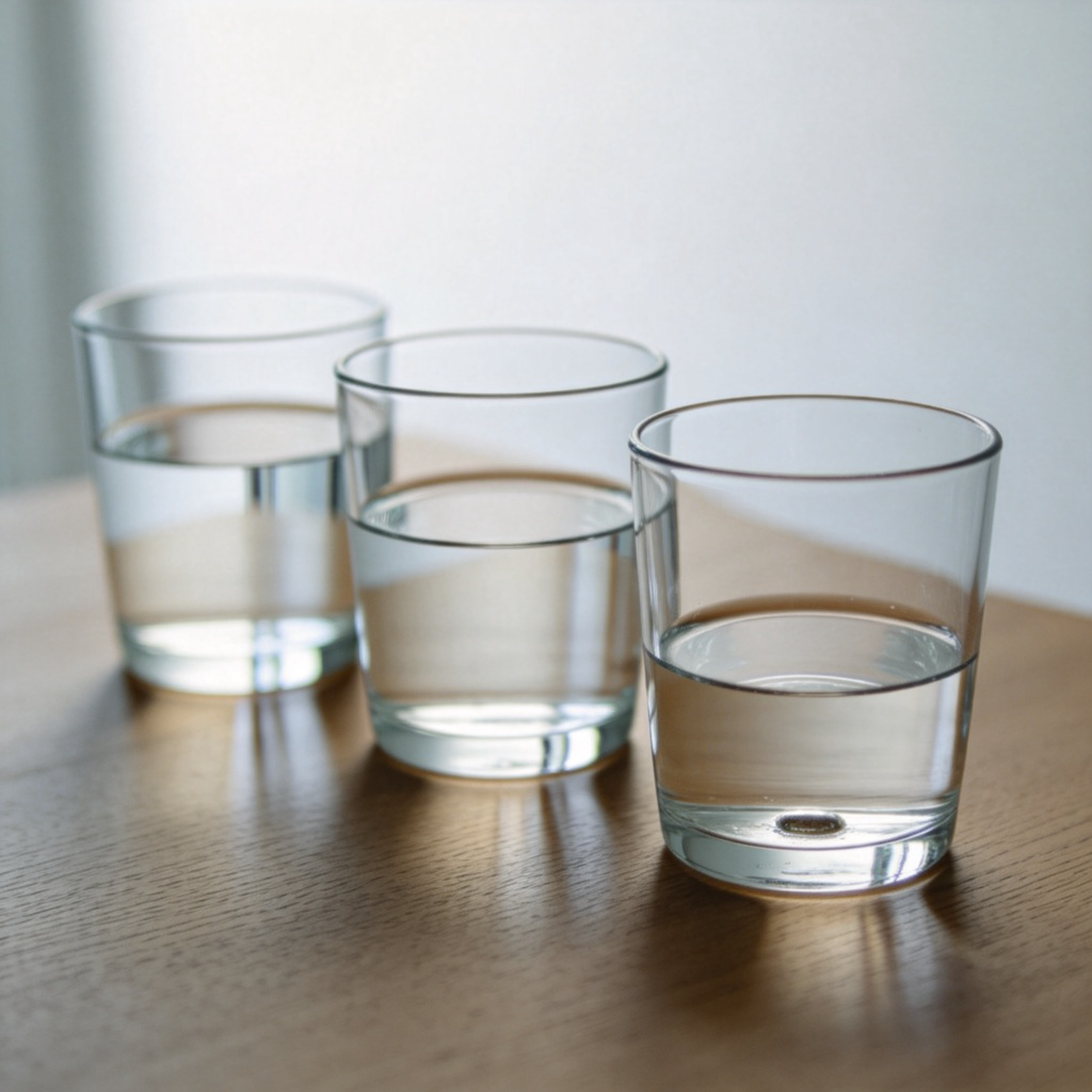 Three identical glasses on a wooden table, each filled with different amounts of clear water. The first glass is almost full, the second is half-full, and the third glass contains only a tiny amount of water at the very bottom. The focus is on the third glass, highlighting it as the one with the least water. Natural daylight, clean background.