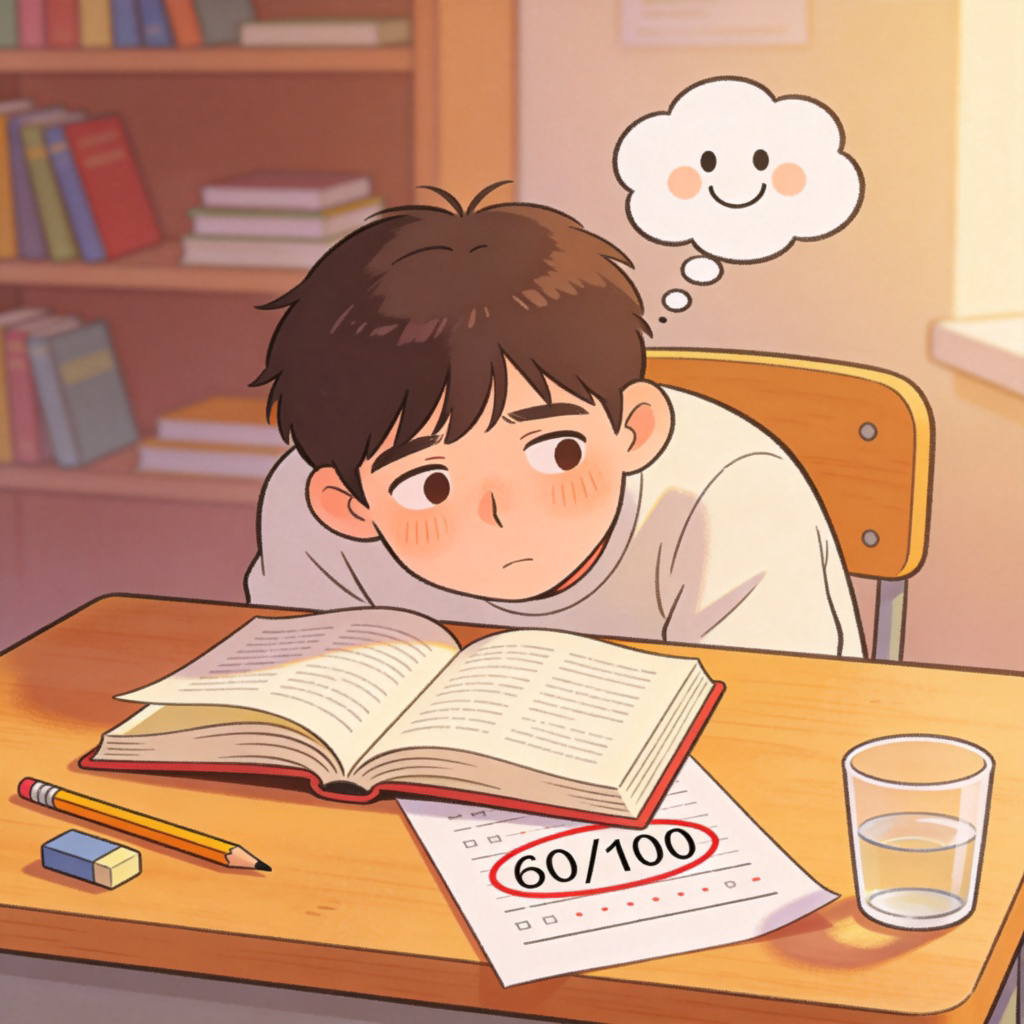 A student sitting at a desk, looking slightly tired but determined. On the desk, there is an open textbook and a test paper with a score of 60 out of 100 circled. A thought bubble above the student's head shows a smiling face, emphasizing the feeling of "at least I passed". Warm room lighting.