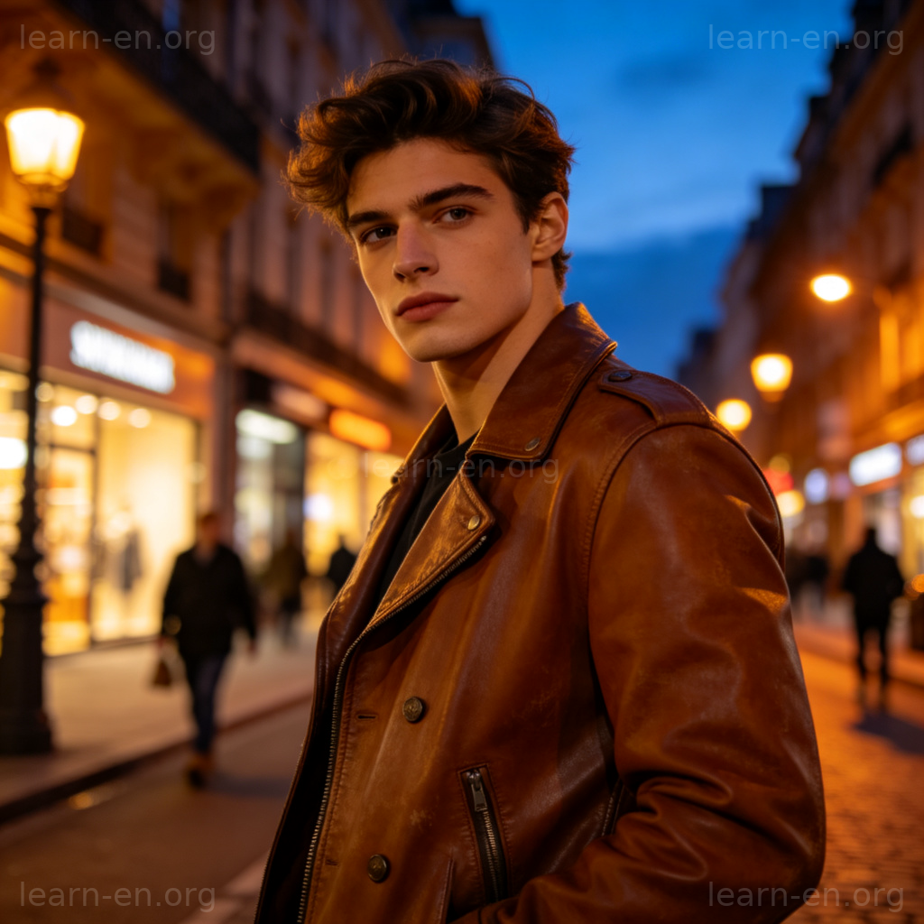 皮夹克时尚穿搭图解：都市黄昏街头型人身着棕色皮夹克