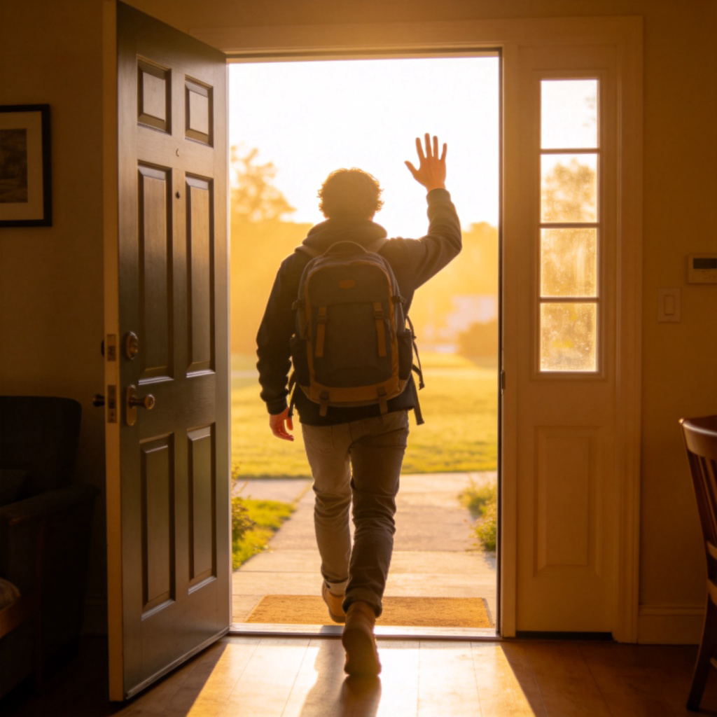 A person seen from behind, walking out of a front door with a backpack, one hand raised in a wave. Bright morning light streams through the open doorway. The focus is on the person's action of exiting. No text.