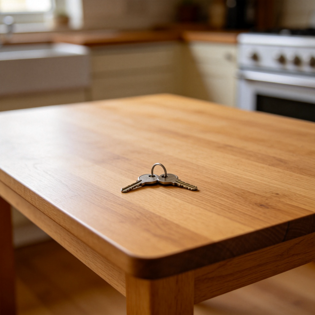 A single set of keys lying alone on a wooden kitchen table. The rest of the table is clean and empty, emphasizing that the keys were forgotten. Soft indoor lighting, clear and realistic. No text.