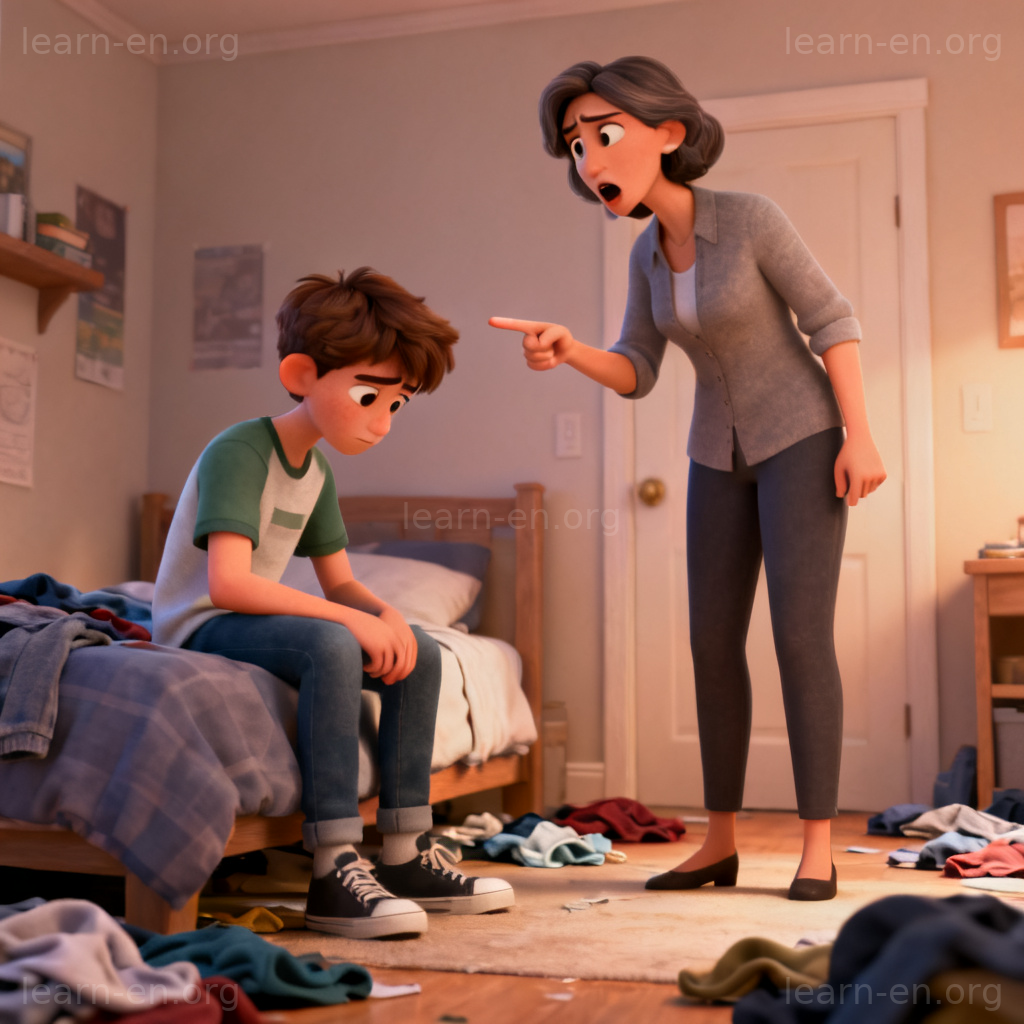 Lecture scene: parent giving a serious talk to a teenager in a messy bedroom.