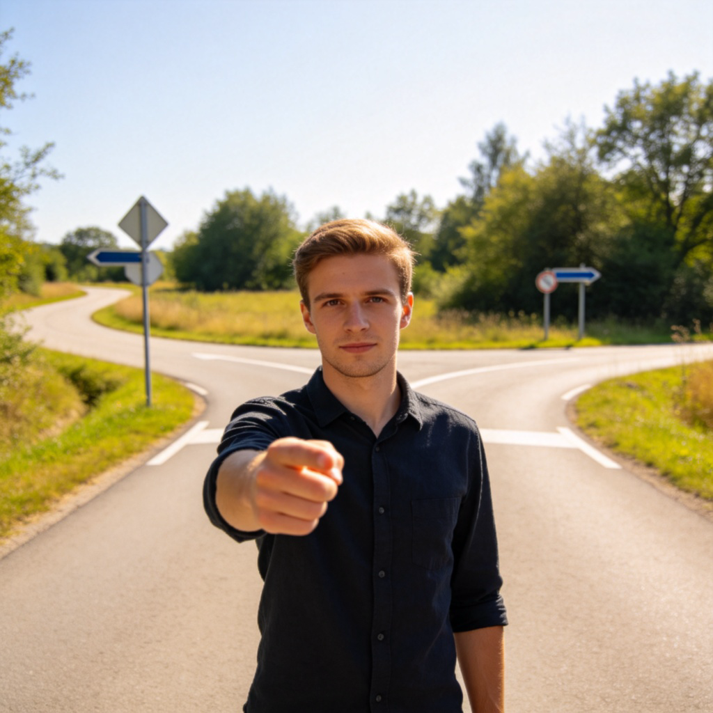 A clear photo of a person standing at a crossroads, pointing with their left hand to the left path. The person faces the viewer, emphasizing the direction. Sunny day, simple road signs in the background. No text.