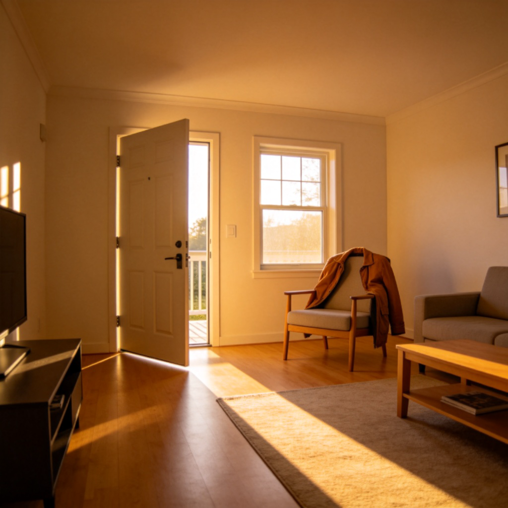 A wide-angle photo of an empty, tidy living room with a front door slightly ajar, as if someone just walked out. A warm jacket is draped over a chair. Soft morning light streams through a window. No text or people.