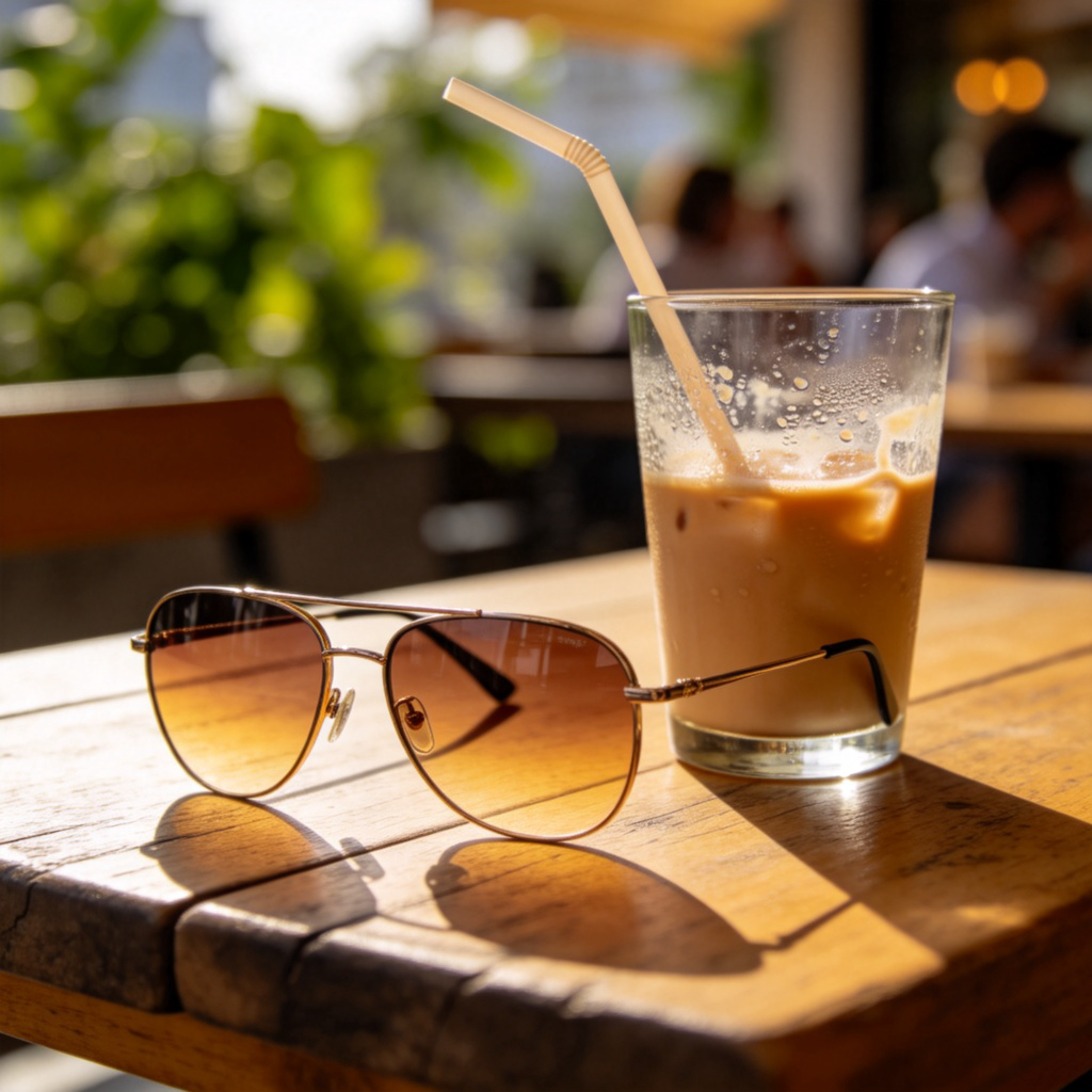 A close-up photo of a stylish pair of sunglasses left alone on a wooden cafe table. A half-finished drink is beside them. The background is softly blurred, focusing on the forgotten object. Sunny outdoor setting.