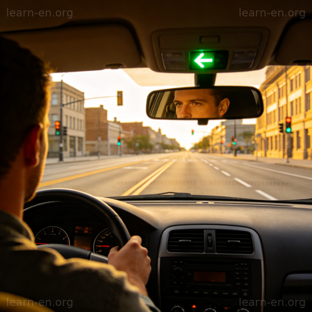 Left Turn 左转动作图解：司机在绿灯下查看后视镜准备转向