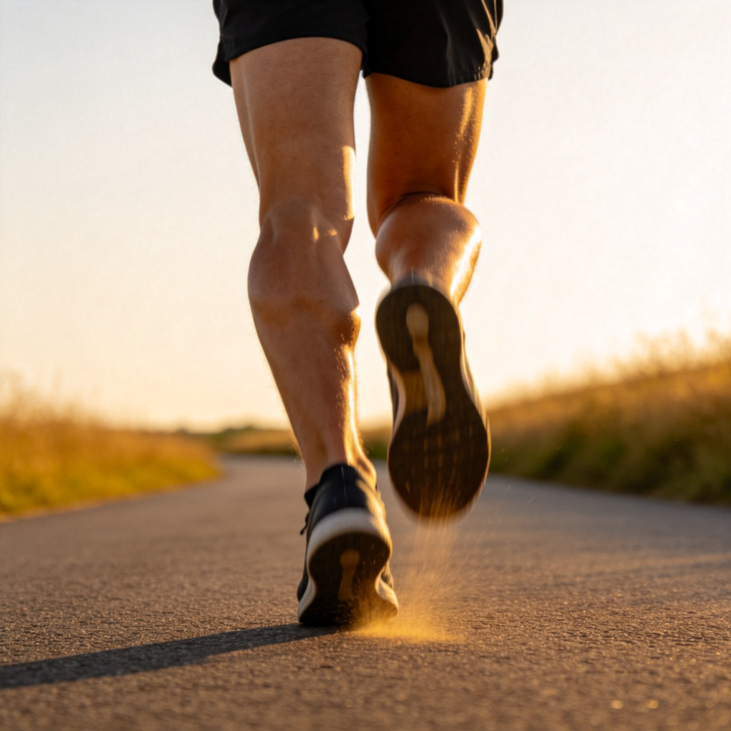 A person wearing shorts, captured from the thigh down to the feet, taking a step forward on a paved path. Focus on the muscle definition and movement of the legs. Daylight, clear background. No text.