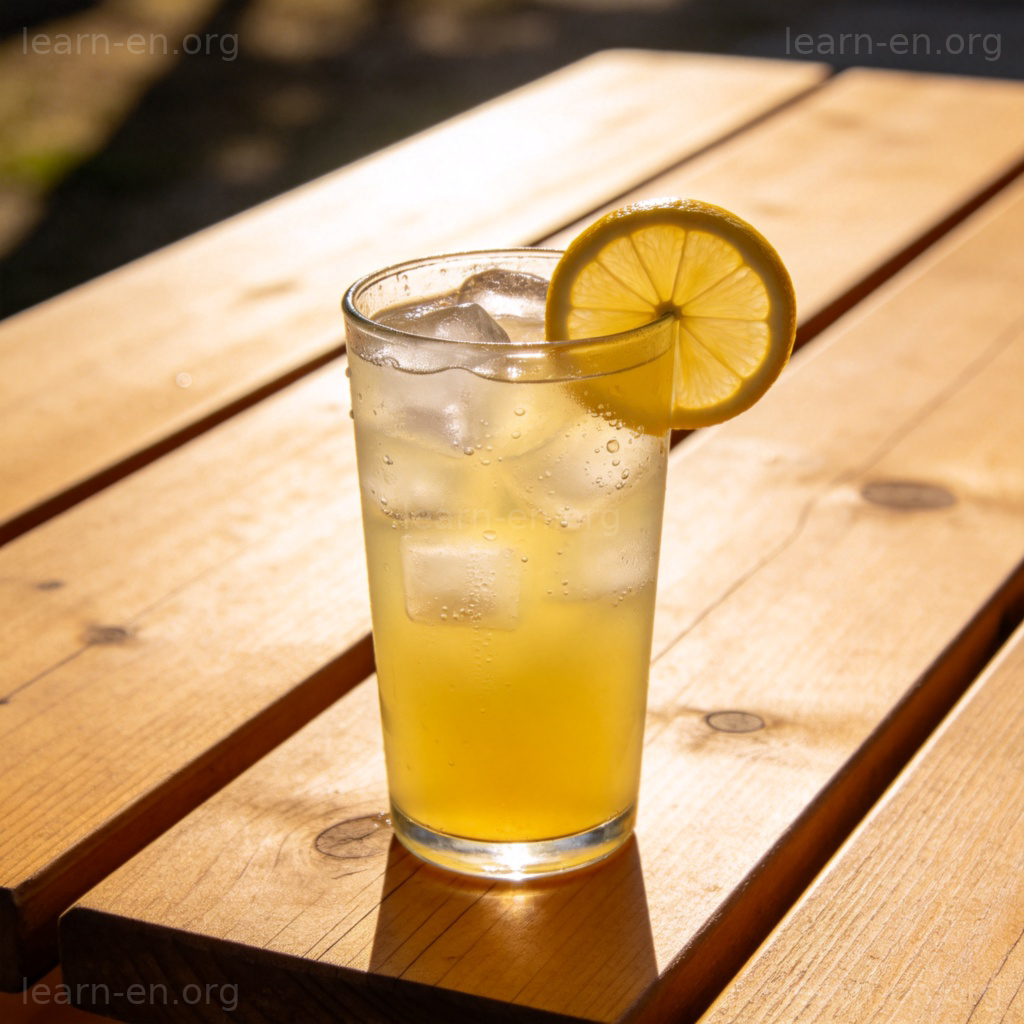 Cold glass of lemonade with ice and lemon slice on wooden table
