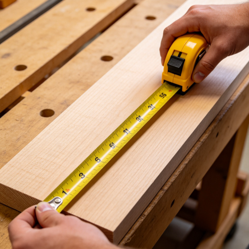 A close-up, overhead view of a carpenter's hands using a yellow tape measure to check the length of a smooth wooden plank. The tape measure is fully extended, showing clear centimeter markings. Focus on the hands, tape measure, and wood, with a simple workshop bench in the background. Natural lighting, realistic style. No text or logos.