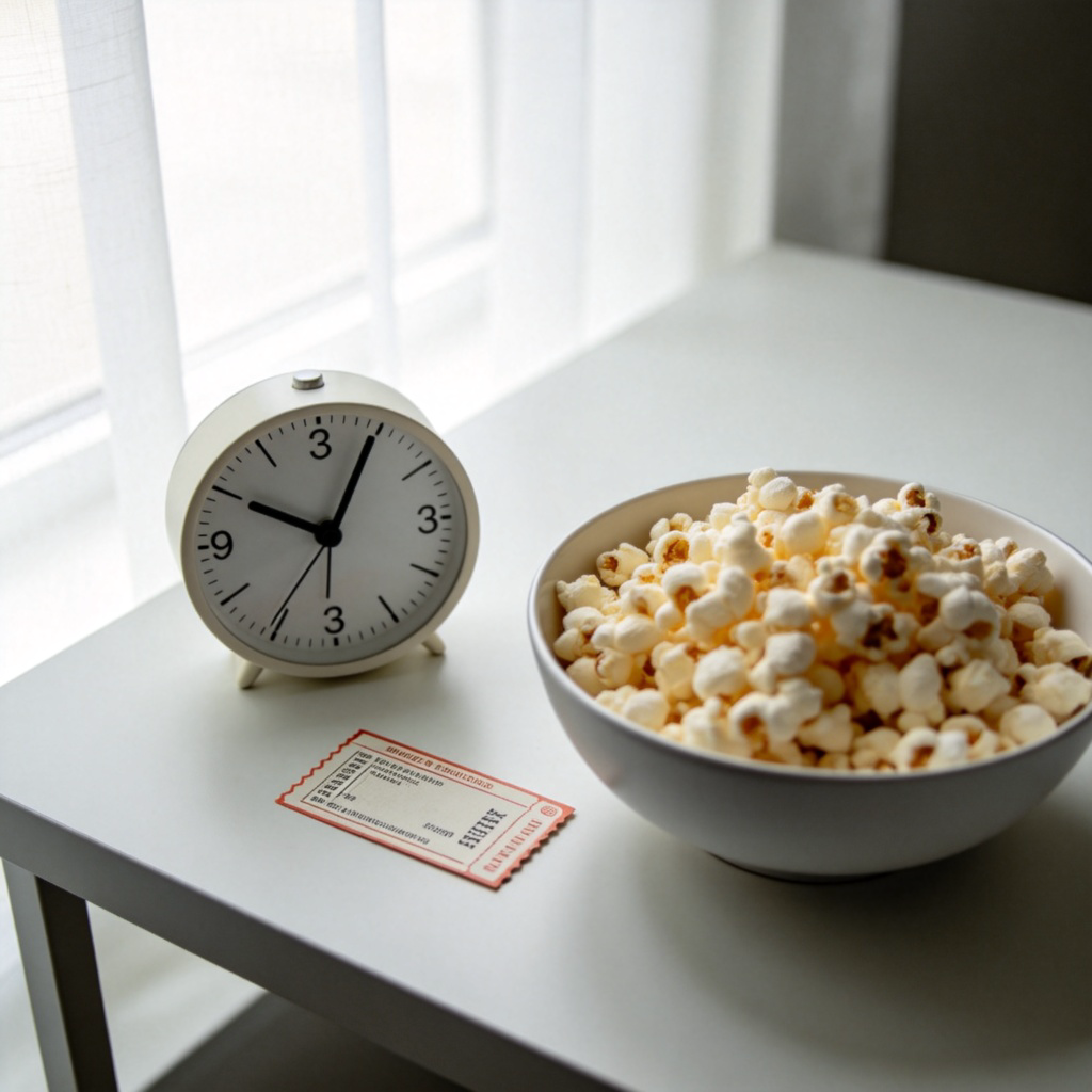 A simple, clean desk with an analog clock showing 3 o'clock. Next to the clock is a movie ticket stub and a bowl of popcorn. The scene suggests waiting for or having watched a long film. Soft daylight from a window, minimalistic composition. No text or numbers visible on the clock face besides hour markers.
