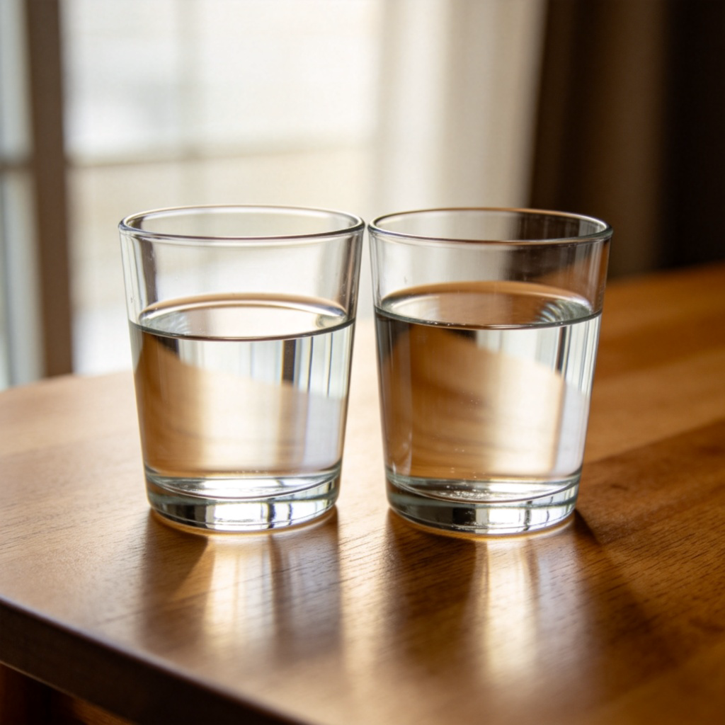 Two identical clear glasses on a wooden table. The left glass is half-full of water, the right glass is almost full. Natural lighting from a window, focus on the difference in water level. No text or labels.