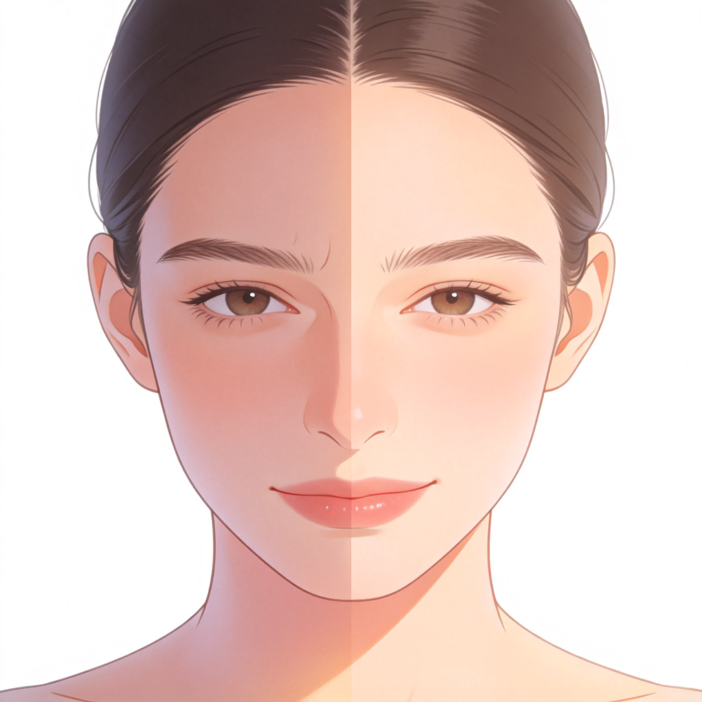 A person's face showing a transition of expression from tense and frowning (left side) to relaxed and calm (right side), split visually down the middle. Plain background, soft lighting. Illustrates the concept of becoming 'less stressed'.