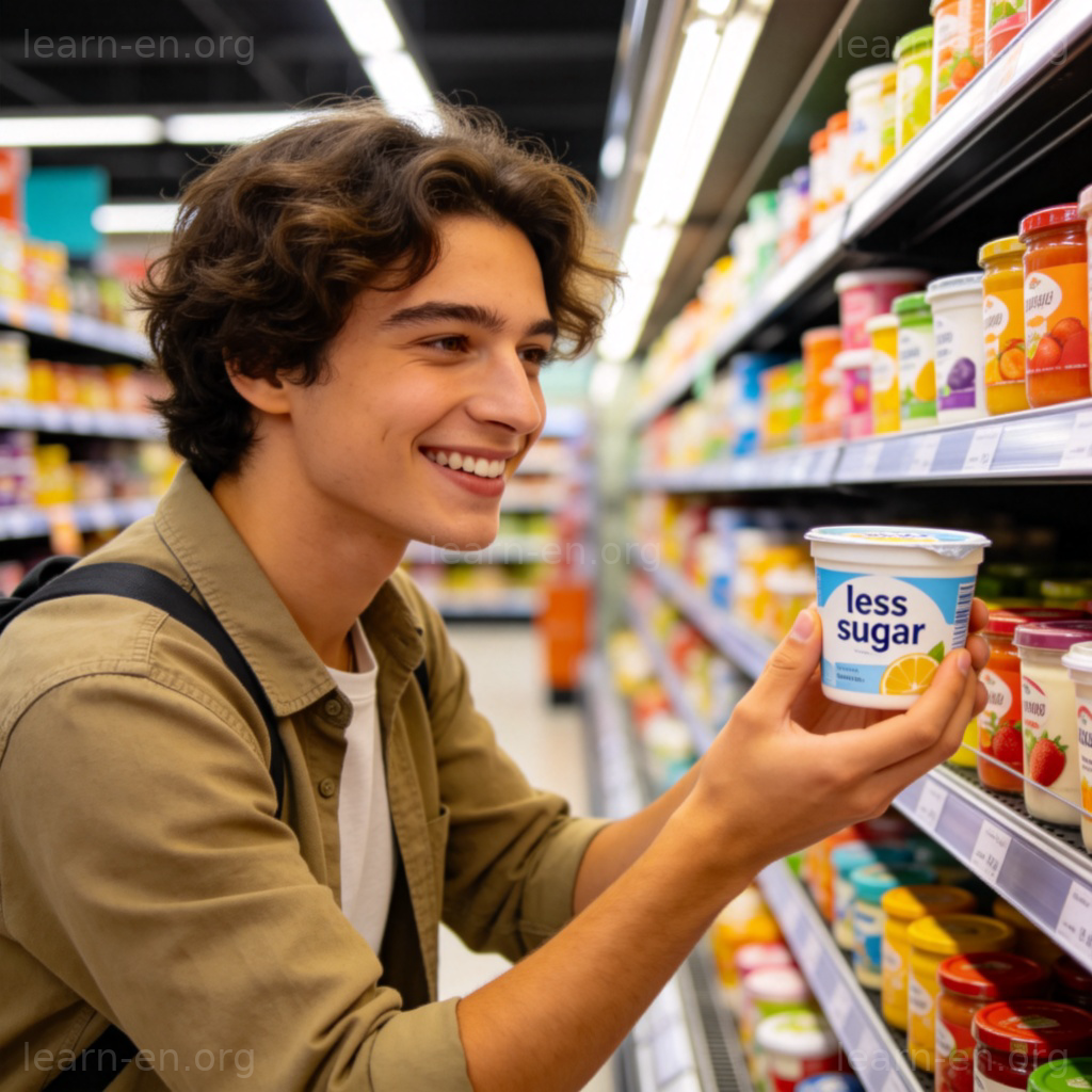 Person choosing less sugar yogurt in supermarket aisle