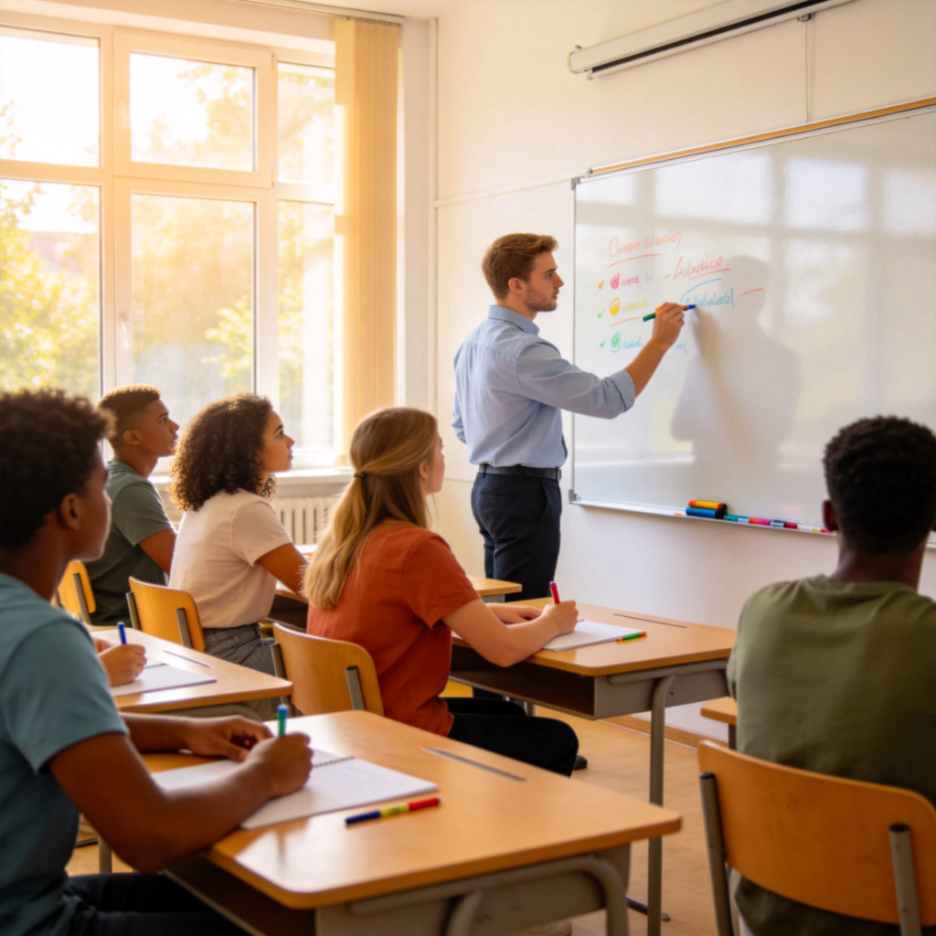 A teacher in a bright classroom, writing on a whiteboard with colorful markers, while a group of diverse students watch and take notes at their desks. Sunny day, clear and realistic style, focus on the teaching activity. No text or logos.