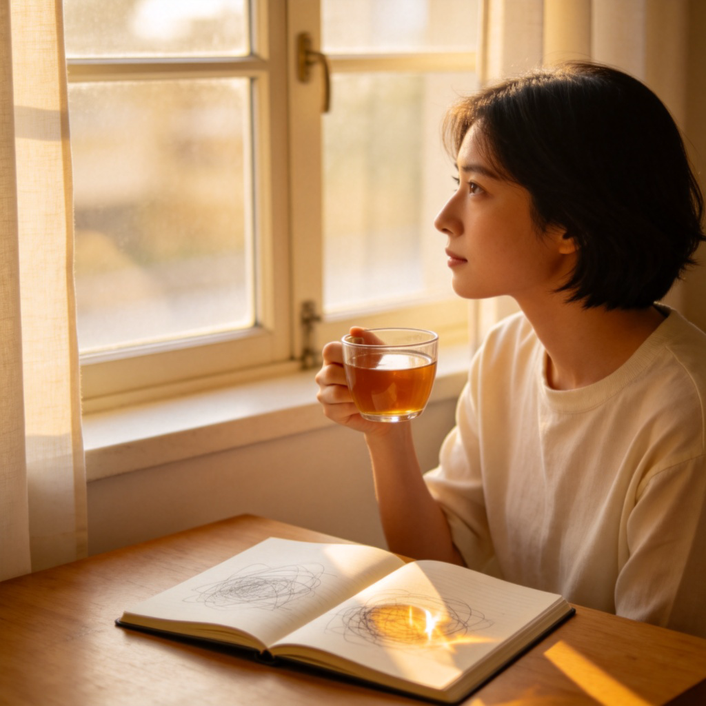 A person looking thoughtfully out a window, holding a cup of tea, with a notebook open on a table showing scribbled reflections. Warm indoor lighting, calm and introspective mood. No text or distracting elements.