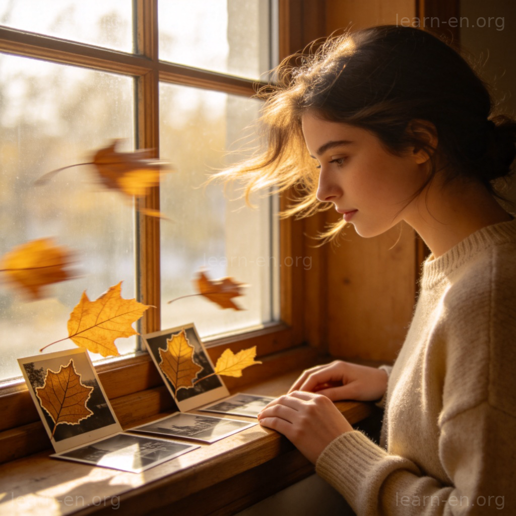 let go 释怀场景：窗前人影，旧照片化为随风飘散的落叶