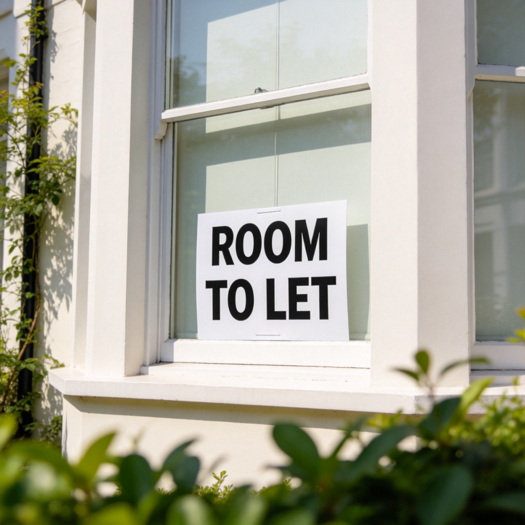 A clean, bright window of a house or apartment building. Stuck on the window is a simple, clear sign with the words "ROOM TO LET" in black letters. The surrounding area is peaceful with a bit of green plants. Focus on the sign and the window. No people.