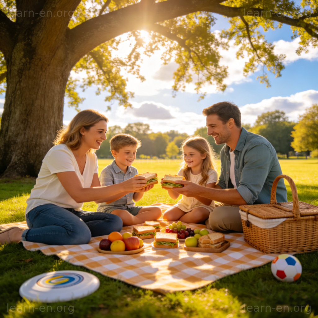 Let's find a shady spot 场景图解：一家人在公园大树荫下野餐
