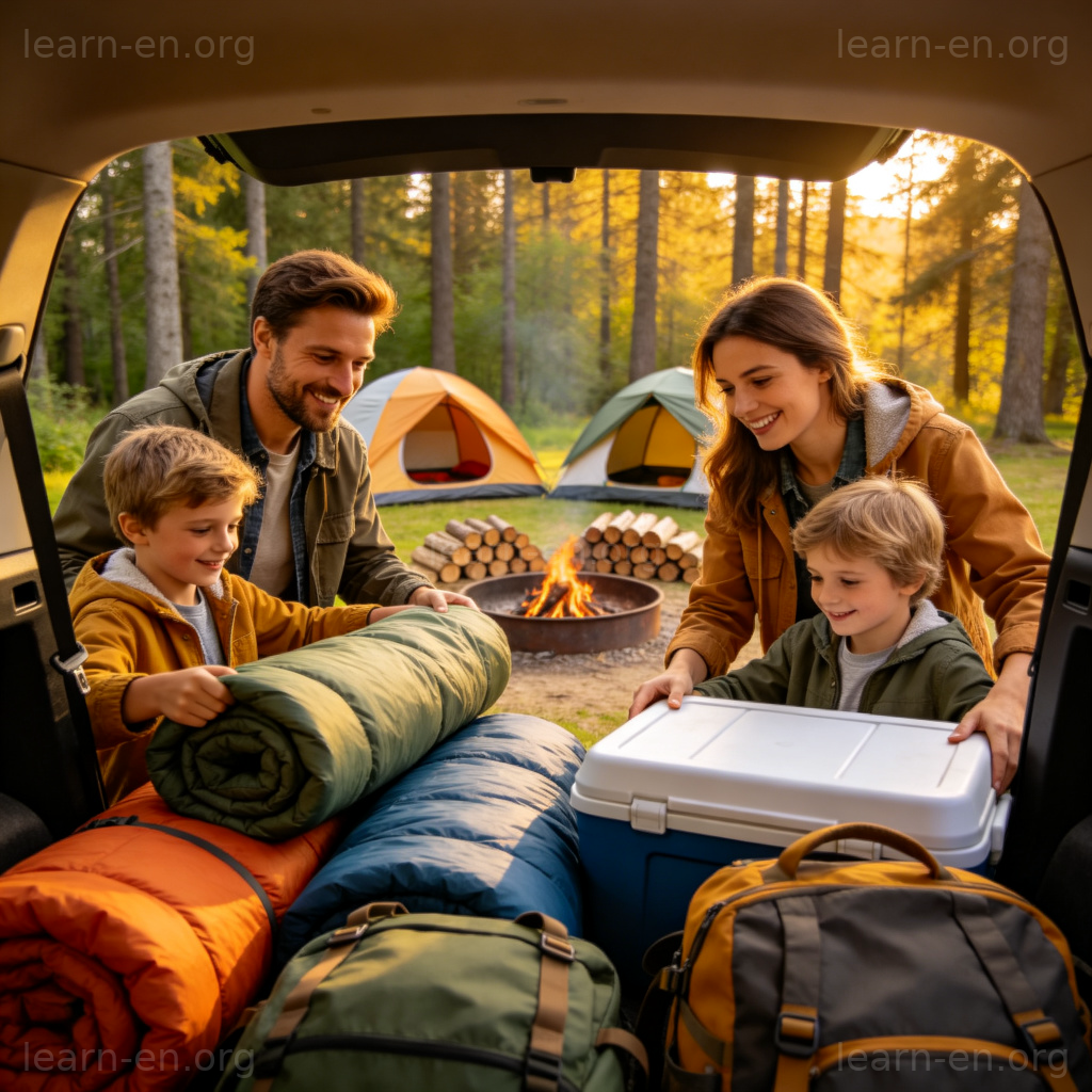 Let's go camping this weekend 图解：一家人在森林准备周末露营