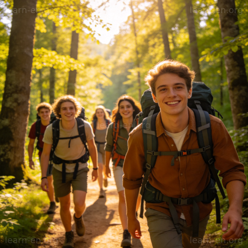 Let's go for a hike 场景图解：朋友背包徒步森林小径