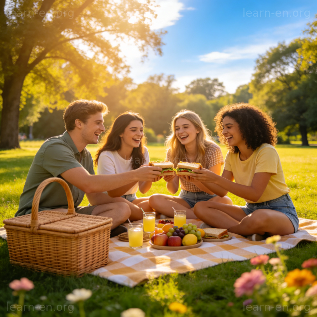 Let's have a picnic 场景图解：朋友公园野餐欢笑分享食物