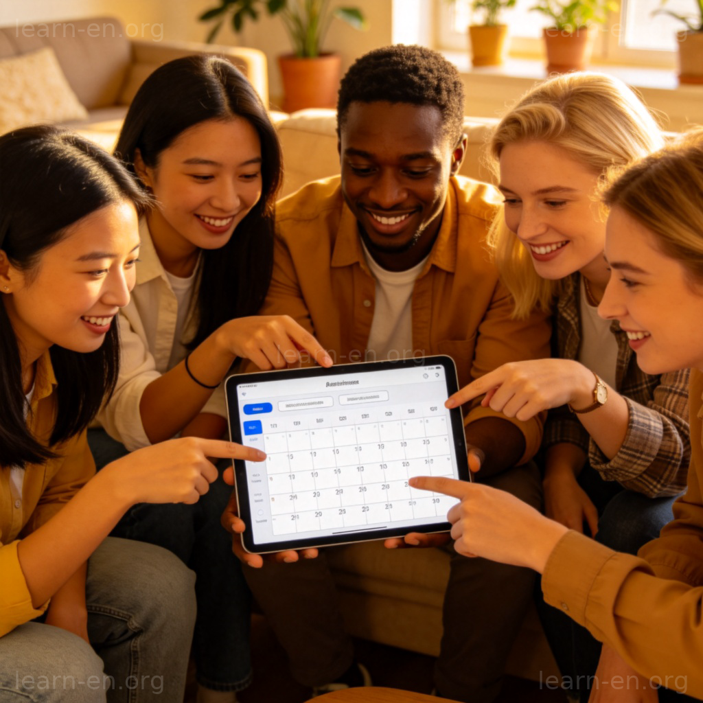 Let's schedule a meeting 图解：多人讨论平板日历安排会议时间