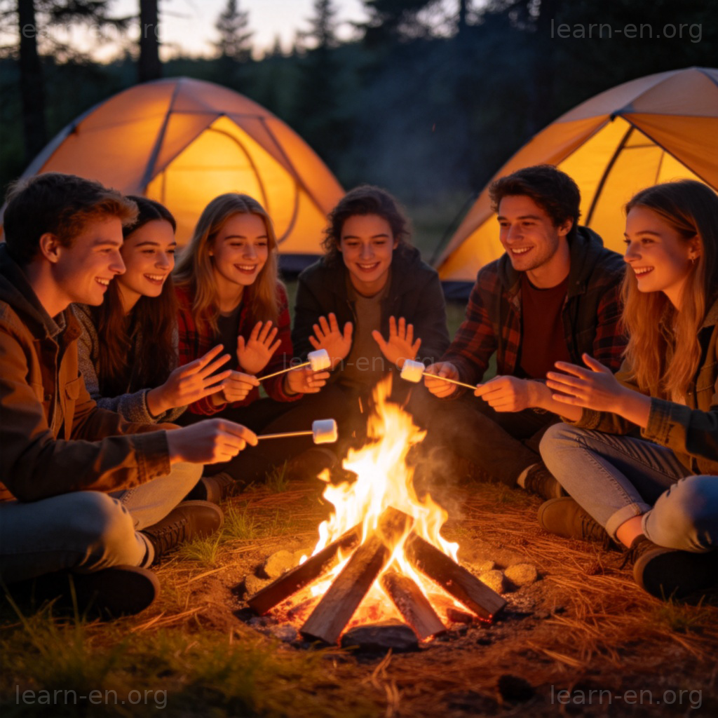 Let's start a campfire 场景图解：黄昏营地朋友们围坐篝火