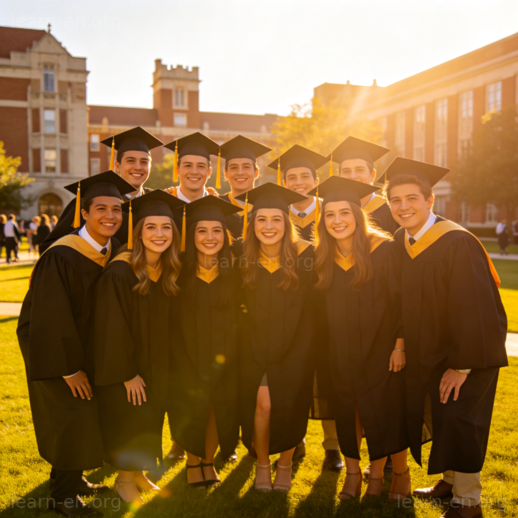 Let's take a graduation photo together 图解：一群毕业生在校园草坪上开心合影