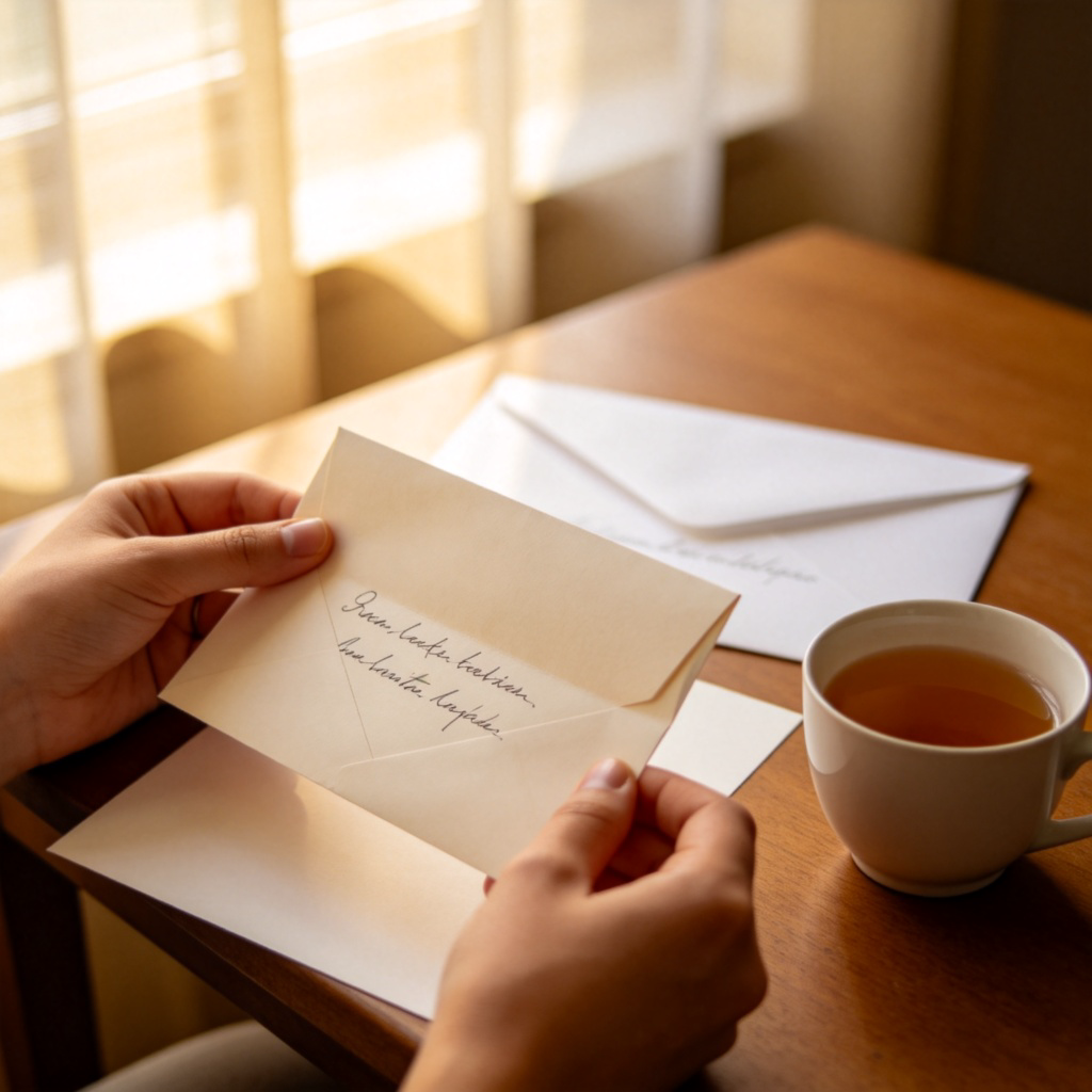 A person's hands carefully holding a folded paper letter with a handwritten address on a white envelope. The scene is on a wooden table with a cup of tea nearby, soft natural light from a window. Focus is on the letter and hands, conveying a sense of personal connection. No text or logos in the image.