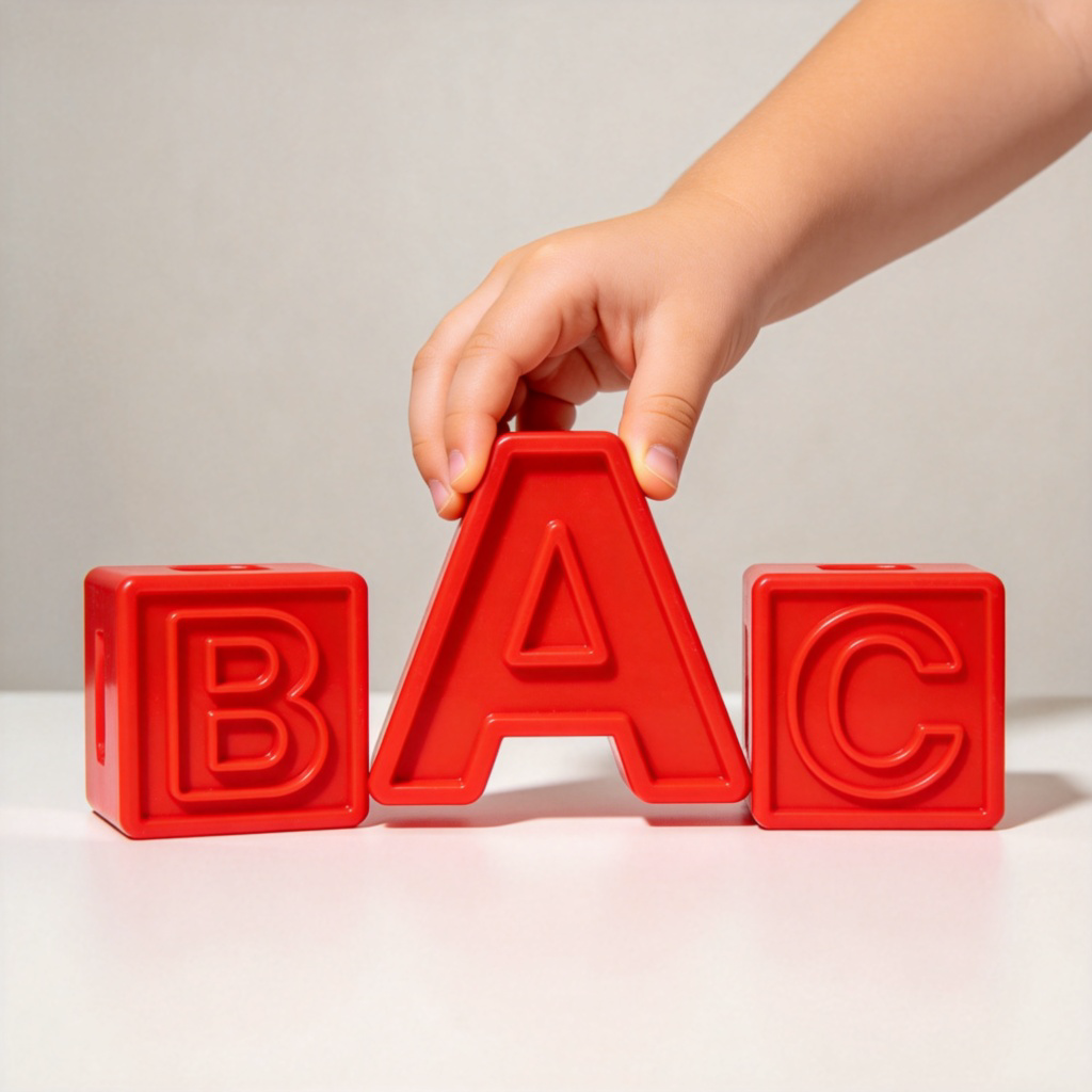 A close-up view of a child's hand placing a large, red plastic block with the raised letter 'A' onto a table next to blocks with 'B' and 'C'. Bright, even lighting on a plain background, making the shapes and letters very clear. No text or numbers visible.