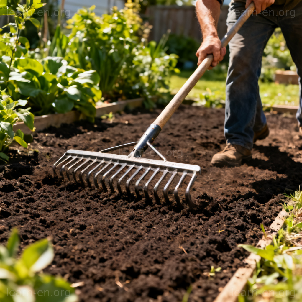 Action shot of a gardener using a rake to level and flatten soil in a garden.