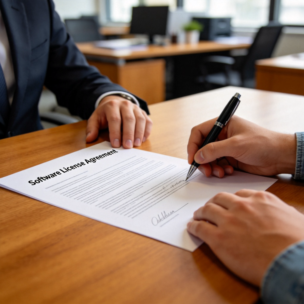 Two hands, one from a person in a suit and one from a person in casual wear, are signing a formal document labeled 'Software License Agreement' on a wooden desk. A pen is in hand. The focus is on the signing action and the document. Office background is soft and blurry. No text other than the mock document title.